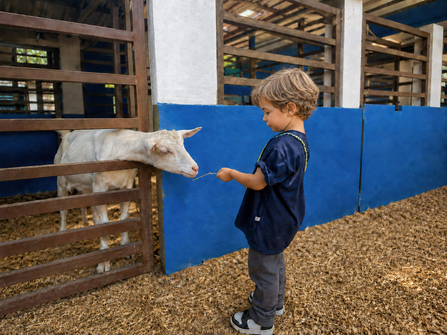 Criança alimentando uma cabra na escola